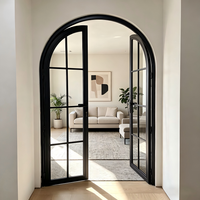 Puerta de Vidrio de Doble Hoja Arqueada de Estilo Retro con Marco de Hierro, Puerta de Vidrio de Acero Galvanizado, Diseño Personalizado, Puerta de Vidrio Francesa