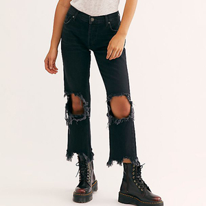 <span class=keywords><strong>2022</strong></span> mujer <span class=keywords><strong>moda</strong></span> mamá Jeans logotipo personalizado negro Denim rasgado mujeres Jeans pantalones sueltos destruidos Boyfriend Jeans - Product Image 4