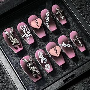 <span class=keywords><strong>Faux</strong></span> <span class=keywords><strong>ongles</strong></span> à presser gothiques punk rouge et noir, motif papillon, avec autocollants de fête Y2K, yeux et chaîne métallique, faits main - Product Image 2