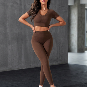 <b>Brown</b> Ribbed V-Neck Short Sleeve Crop Top High Waist Full Length <b>Leggings</b> 2 Piece Yoga Set - Product Image 2