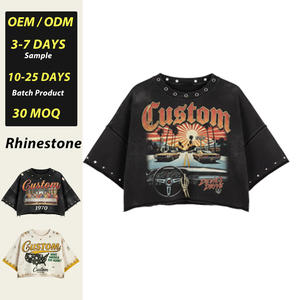 Camiseta Personalizada para Hombre, Oversize, 100% Algodón, Estilo Vintage con Pedrería, Hombros Caídos, Impresión de Logotipo Desgastado de Lujo - Product Image 1