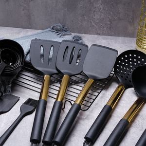Gold Plated Handle Heat Resistant Non‑Stick <b>Silicone</b> Kitchen Utensils Set Cooking Tools with Gold Metal Storage Holder - Product Image 3