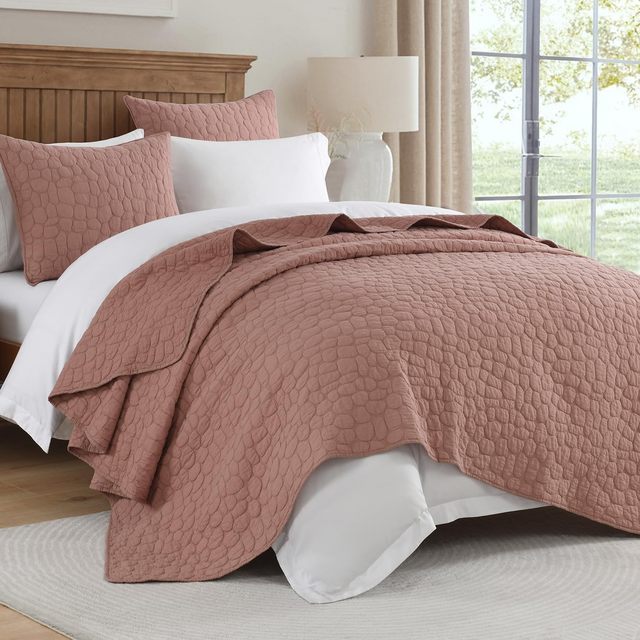 QDTEX New Pattern 100% Cotton Quilt King, Pink Cotton Bedspread Coverlet, Reversible Lightweight Queen Quilt Bedding Set