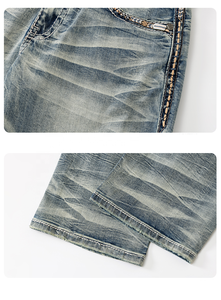 Jeans de mezclilla para hombre, de corte recto, con bordado, lavados, de cintura media, de algodón, de moda. - Product Image 6