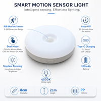 Lampu Malam Sensor Gerak LED Bulat 6000K Putih Dingin Magnetik Isi Ulang