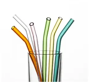 批发高品质可重复使用的硼硅酸盐直和弯曲彩色玻璃吸管与清洁刷