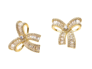 Orecchini a perno con fiocco placcati oro 18K con cristalli, gioielli da festa da donna - Product Image 1