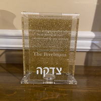gestaltete kleine jüdische Judaica-Spardose aus Plexiglas für Spenden (Tzedakah), Lucite-Acryl-Tzedakah-Box, Wohltätigkeit