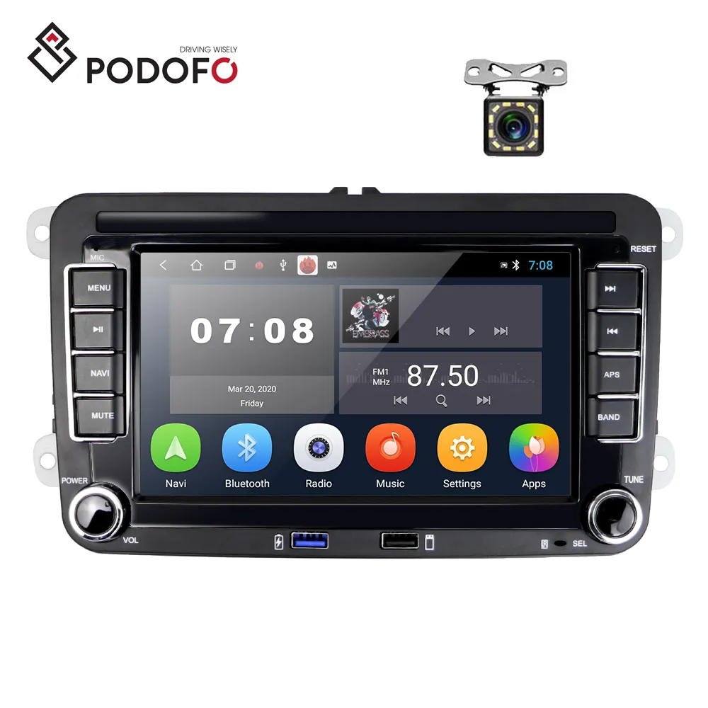 Podofo 7 "Android 13カービデオオートラジオWIFI GPSUSBカーステレオVW/Skoda/Seat/Octavia/Golf/Touran/Passat with 12 Led Camera