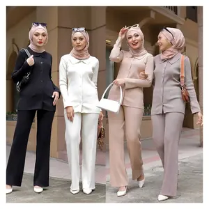 NEW Malaysia EID Dubai Modest Simple Plain Islamic Clothing Blouse Pant Two-Piece Winter Sweater Muslim Women Abaya Knitted Sets
