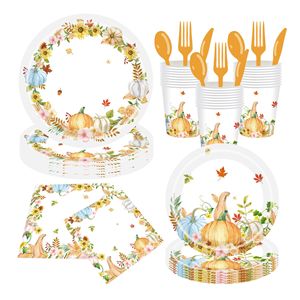 Harvest Festival Disposable Party Supplies Paper Plates <b>Cups</b> Napkins Set Thanksgiving Theme <b>Pumpkin</b> Maple Leaf Design - Product Image 1