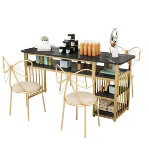 Luxus Gold Metall Bowknot Nail Studio Triple Doppel Marmor Maniküre Tisch und Stuhl Set