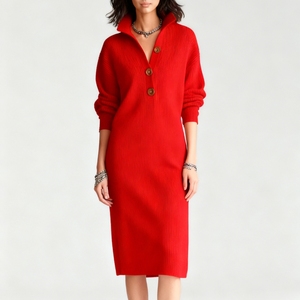 Robes pull mi-longues en maille décontractées pour femme, coupe droite ample, col boutonné, collection automne, tendance - Product Image 4