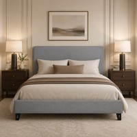 Cadre de lit plateforme gris moderne avec revêtement en tissu pour chambre Queen/King, idéal pour la vente en gros, la distribution et l'usage hôtelier ou domestique.