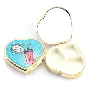 <b>Heart</b> Compact Pill <b>Box</b> with HD Glass Mirror Gold Electroplated Metal 3 Compartment Travel Pill Case Jewelry Storage Container - Product Image 5