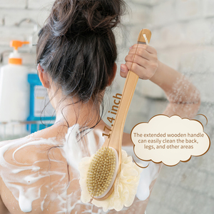 Lotus Wood Long Handle Bath Brush 2 in 1 Boar Bristle and Mesh Pouf Body Back Scrub Brush for <strong>Shower</strong> Bath Exfoliating Care - Product Image 4