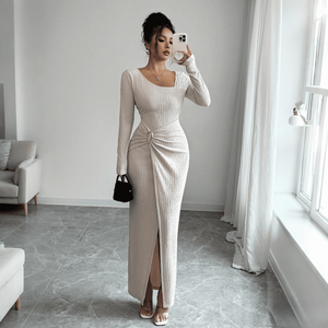 Abito <span class=keywords><strong>Lungo</strong></span> a Coste da Donna - Elegante <span class=keywords><strong>Vestito</strong></span> Aderente a Maniche Lunghe con Spacco Laterale e Dettaglio Annodato, Moda con Colletto Irregolare - Product Image 1