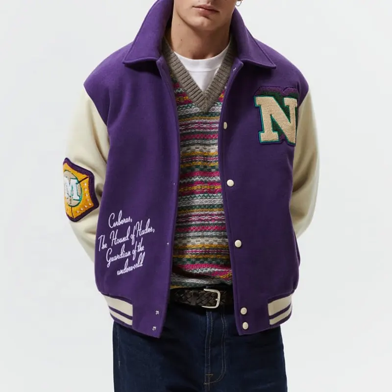 Newest OEM Custom Color Embroidery Outdoor Wear Causal Purple Varsity Jacket for Men