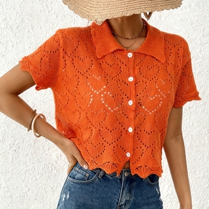 New Arrival Custom Hollow Out Crochet Knit <b>Cardigan</b> Short Sleeve Button Down Scalloped Hem Short Beach Coverup For Women - Product Image 3
