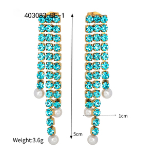 Ins style 18k or acier inoxydable triple couche vert griffe chaîne sous chaque suspendu une perle blanche boucle d'oreille fille - Product Image 1