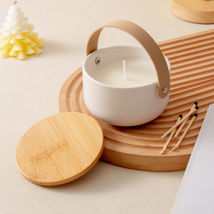 Vaso de cerámica personalizado para velas con asa de cuero, redondo, 10.5 cm, vacío, para aromaterapia, regalo DF2047 - Product Image 4