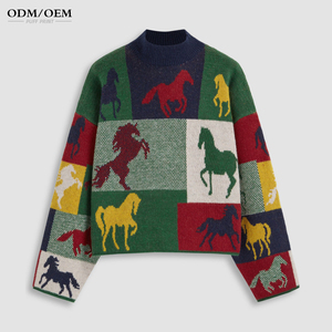 Suéter Jacquard Personalizado para Mujer, Diseño de Bloques de Color con Patrón de Caballo, Suéter Holgado de Punto - Product Image 5