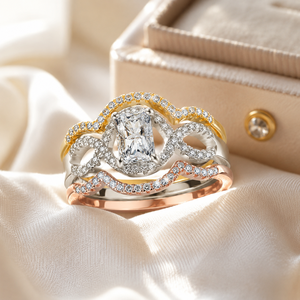 Set di tre anelli con zirconi cavi a tre colori per donna, gioielli eleganti e alla moda - Product Image 2
