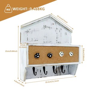 Wall-mounted <b>Rustic</b> White <b>Wooden</b> Storage Box With Cork Board And Hooks For Mail Key Organizer - Product Image 2