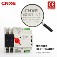 Commutateur de transfert automatique monophasé (ATS) CNXE CXQ2-100/2P 100A de qualité PC 220VAC 50/60Hz pour alimentation réseau, générateur et solaire