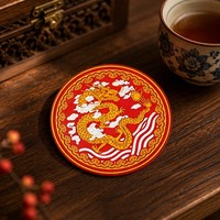 Sous-verre 3D personnalisé en PVC souple motif Dragon Chinois, motif traditionnel rouge et or en relief, tapis de boisson en caoutchouc, décoration pour bar à thé, vente en gros
