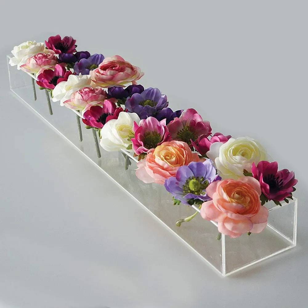 مستطيل الأزهار المركزية للحصول على طاولة طعام الاكريليك مستطيلة طويلة زهرية الاكريليك الحديثة إناء مربع