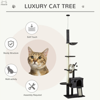 Arbre à chat réglable du sol au plafond, multi-niveaux, avec poteau à gratter en sisal, condo pour chat avec échelle et jouet