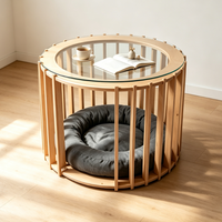 Table basse intégrée 2 en 1 et lit pour chat, table d'appoint en bois avec plateau en verre rond, mobilier de couchage pour animaux de compagnie d'intérieur pour salon
