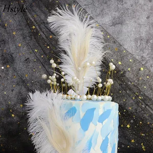 Plumes d'autruche gâteau Topper naturel autruche perle plume Cupcake Dessert Topper fête d'anniversaire décoration accessoires PQ134