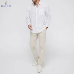 Chemise de haute qualité pour hommes, chemise à manches longues en lin et coton à rayures bleu clair pour les vacances, au prix de gros