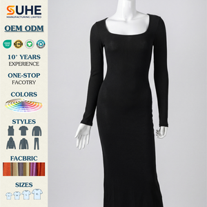 Robe moulante en maille à manches longues et col carré pour femme SUHE, longueur cheville, couleur unie, silhouette crayon, respirante, en coton et élasthanne - Product Image 2