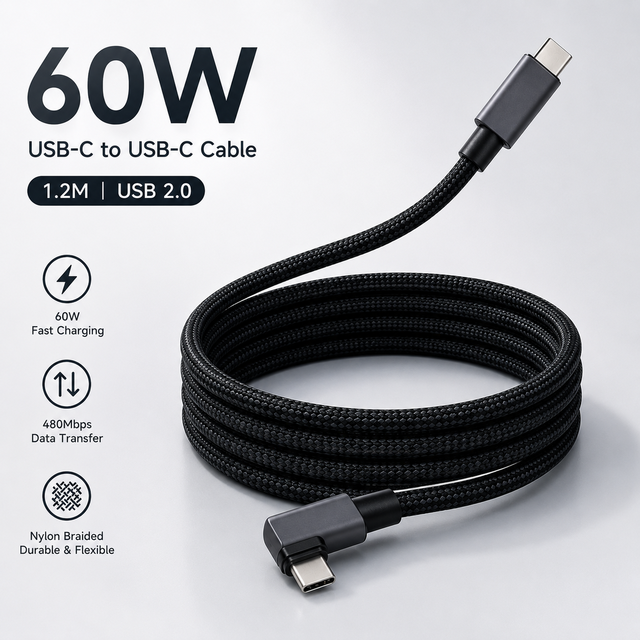 USB C to USB C Cable 1.2M Right Angle 60W PD Fast Charging 5A USB 2.0 Data Cable OEM ODM Custom Logo Wholesale Supplier Factory