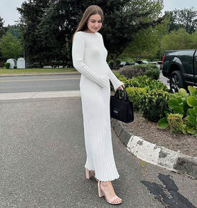 Elegante Maxi abito a pieghe lavorato a maglia per le donne 2023 autunno abito a coste femminile Casual Lace Up Fashion Bodycon abiti lunghi - Product Image 1