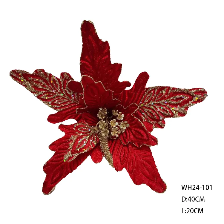 Dekorasi bunga Natal gliter buatan, dekorasi Natal ukuran 40cm