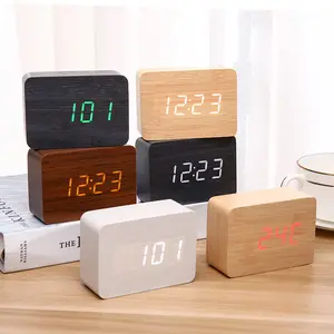 Hot Sale Temperature Calendar Switch Display Time Reminder Wooden Square Digital Alarm Clock Home Decor