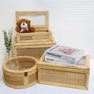 Ensemble de 2 boîtes de présentation <span class=keywords><strong>vintage</strong></span> en <span class=keywords><strong>rotin</strong></span> en bois avec couvercle en acrylique Boho Home Decor panier de rangement en <span class=keywords><strong>rotin</strong></span> organisateur de livres jouets pour enfants - Product Image 2