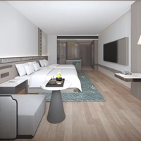 Ensemble de meubles pour chambre d'hôtel avec tête de lit, tables de chevet, meuble TV mural, fauteuil lounge et table d'appoint ronde