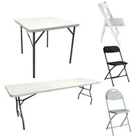 Table et chaises pliantes d'extérieur en plastique avec pieds amovibles, roulettes, couvercle transparent, plateau, support parapluie pour usage hôtelier