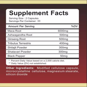 Cápsulas de <span class=keywords><strong>Maca</strong></span> 6000mg de Marca Privada OEM |   <span class=keywords><strong>Ashwagandha</strong></span>, Ginseng, Tribulus Terrestris, Shilajit |   Vitalidad Masculina |   60 Unidades - Product Image 4