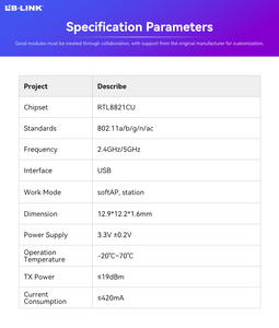BL-M8821CU1 RTL8821CU-CG 1T1R 802.11ah Wifi + 4.2 USB2.0 mô-đun 5km truyền 420mA Điện năng tiêu thụ SRRC - Product Image 4