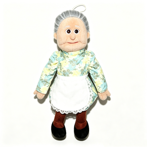 Marionnette à main personnalisée en peluche, grand-mère à peau foncée, avec cheveux gris et tablier. Robe florale pour grand-mère, marionnette ventrilgueuse - Product Image 2
