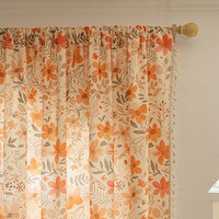 Voilages à imprimé floral orange pastel avec bordure à pompons, filtrant la lumière, pour chambre et salon