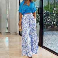 Setelan pakaian wanita dua potong, setelan baju Crop berkancing setengah lengan + celana kaki lebar motif, Set pakaian musim semi dan panas