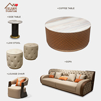Meja Kopi Bulat Kayu Solid Modern Mewah dengan Pelapis Kulit Asli dan Aksen Logam untuk Ruang Tamu Villa Perabot Rumah