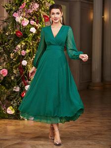 Abito a maniche lunghe da donna doppio pazzo collo a V in vita stretto alla moda - Product Image 5